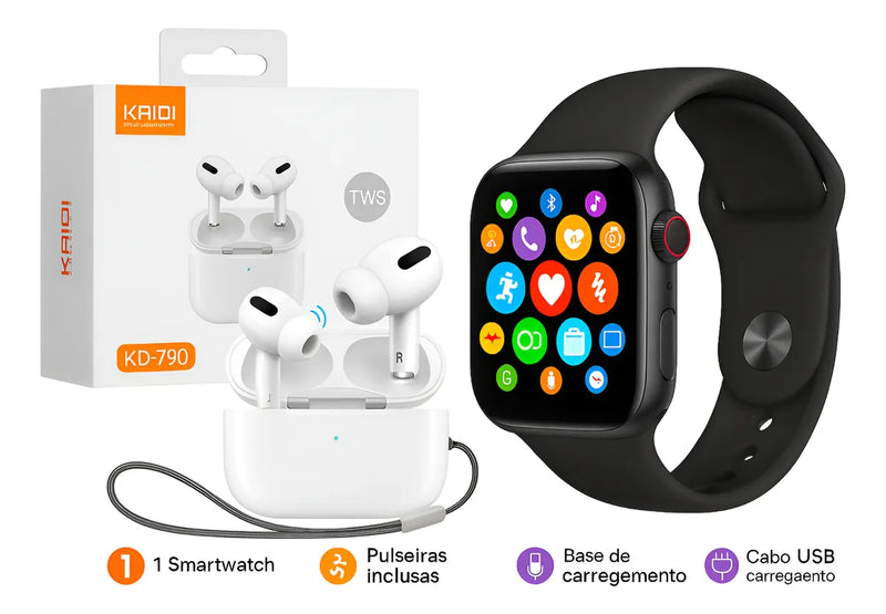 Kit Smartwatch Relógio Inteligente + Fone Ouvido Kaidi Kd790