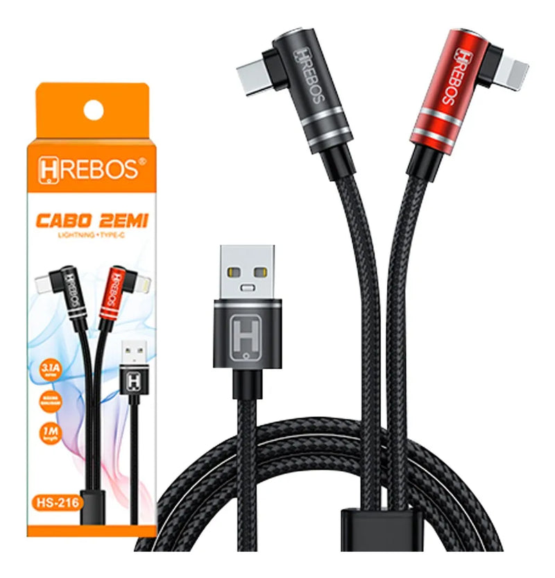 Cabo 2 em 1 Lightning + Tipo-C HREBOS HS-216